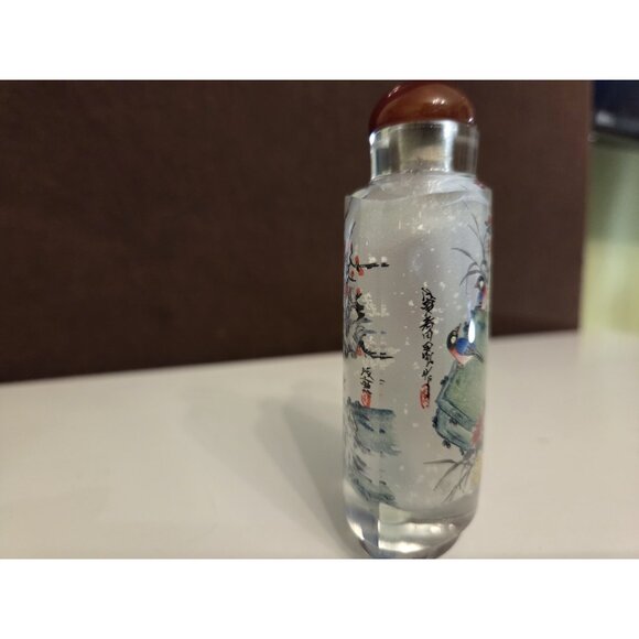 Vtg Chinese Reverse Painted Snuff Bottle Stopper Birds Flowers Cherry Blossoms - Picture 5 of 15